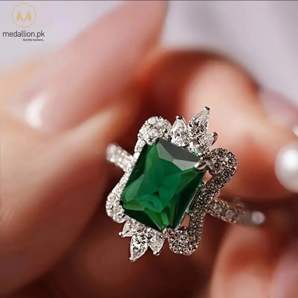 White Gold Plated Green & White Cubic Zirconia Ring