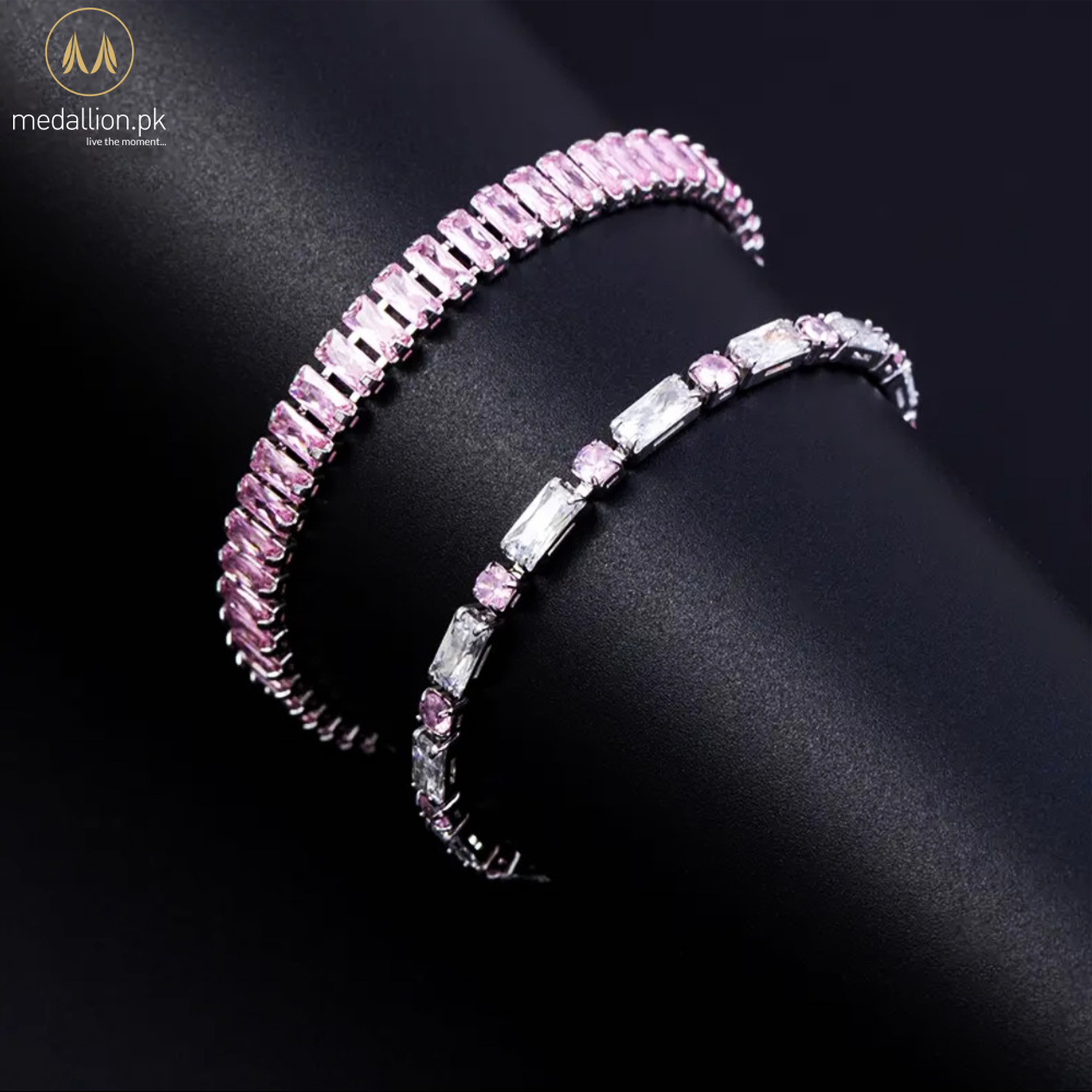 Silver Plated Pink & White Cubic Zirconia Two Bracelets Set