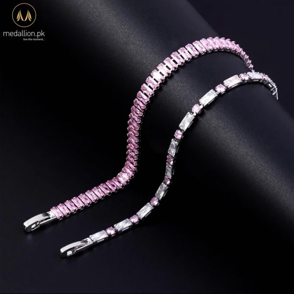 Silver Plated Pink & White Cubic Zirconia Two Bracelets Set