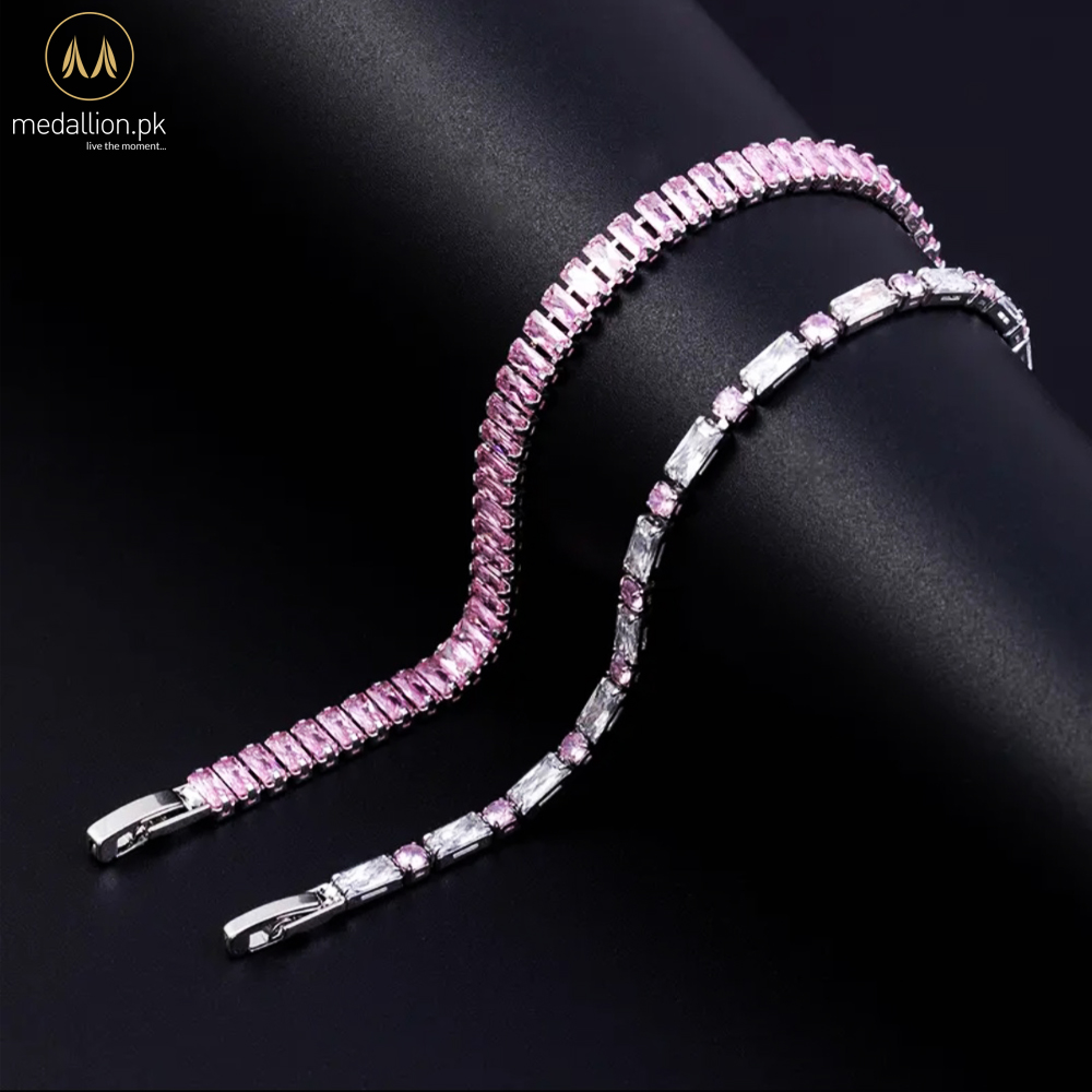 Silver Plated Pink & White Cubic Zirconia Two Bracelets Set