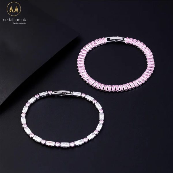 Silver Plated Pink & White Cubic Zirconia Two Bracelets Set