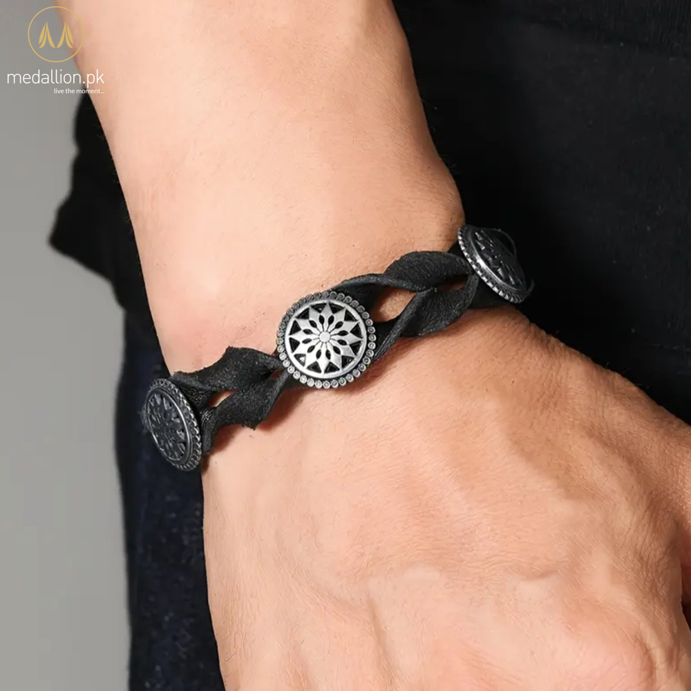Men’s Black Genuine Leather Sun Charm Adjustable Bracelet