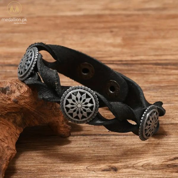 Men's Black Genuine Leather Sun Charm Adjustable Bracelet