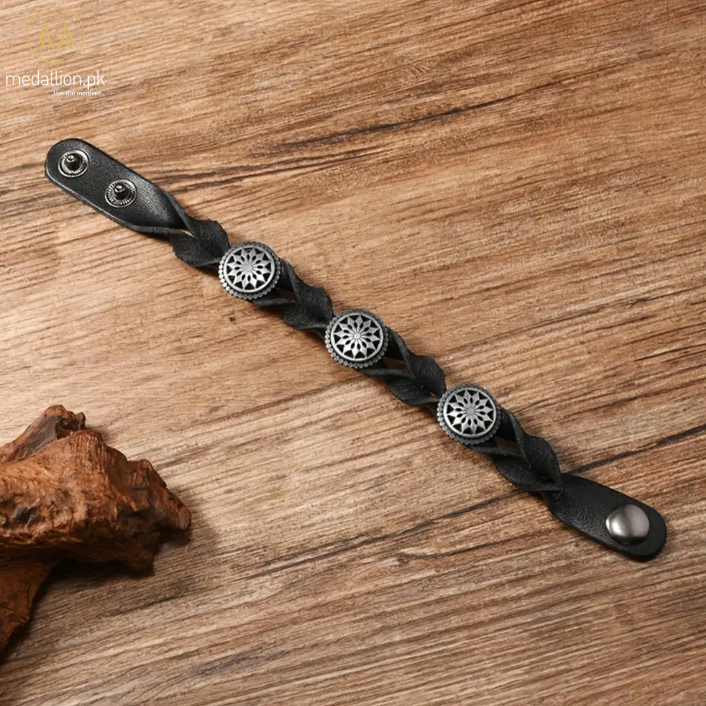 Men’s Black Genuine Leather Sun Charm Adjustable Bracelet