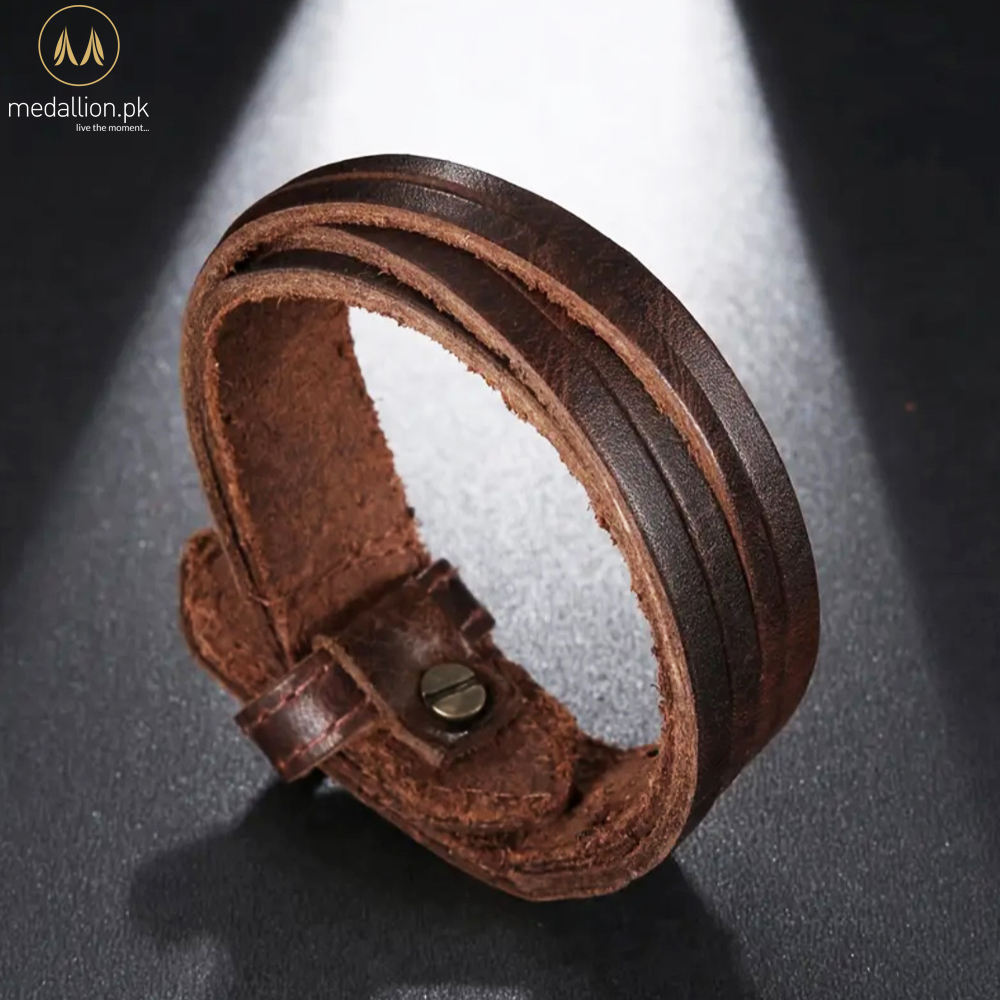 Men’s Brown Genuine Leather Adjustable Multi-Layer Bracelet