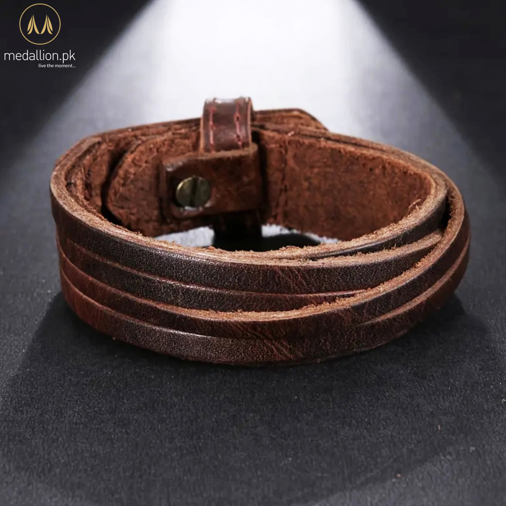 Men’s Brown Genuine Leather Adjustable Multi-Layer Bracelet