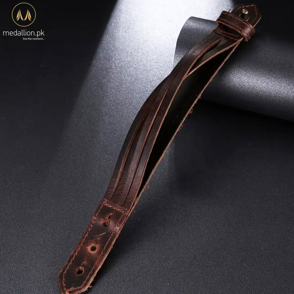Men’s Brown Genuine Leather Adjustable Multi-Layer Bracelet