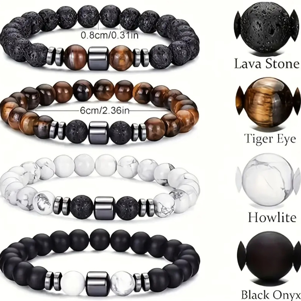Natural Stones Tiger Eye, Black Onyx, Lava & Howlite Bracelets
