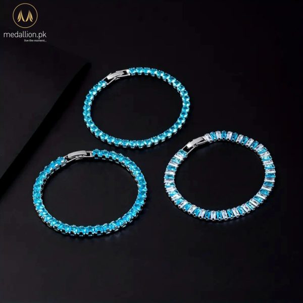 White Gold Plated Blue Cubic Zirconia Set of 3 Bracelets