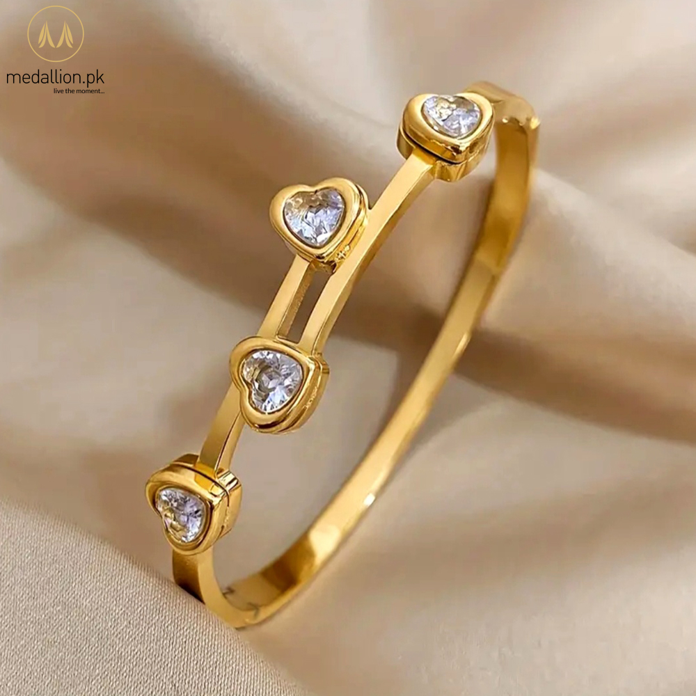 Stainless Steel 18K Gold Plated Hearts Zircon Bracelet/Bangle