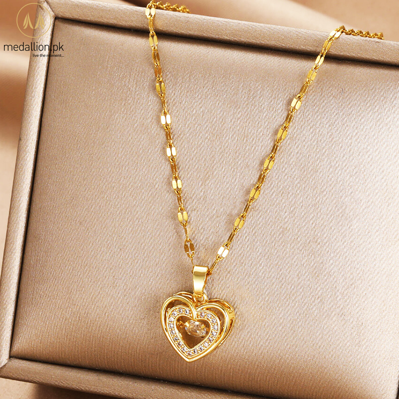 Stainless Steel Gold Plated Heart Zircon Necklace