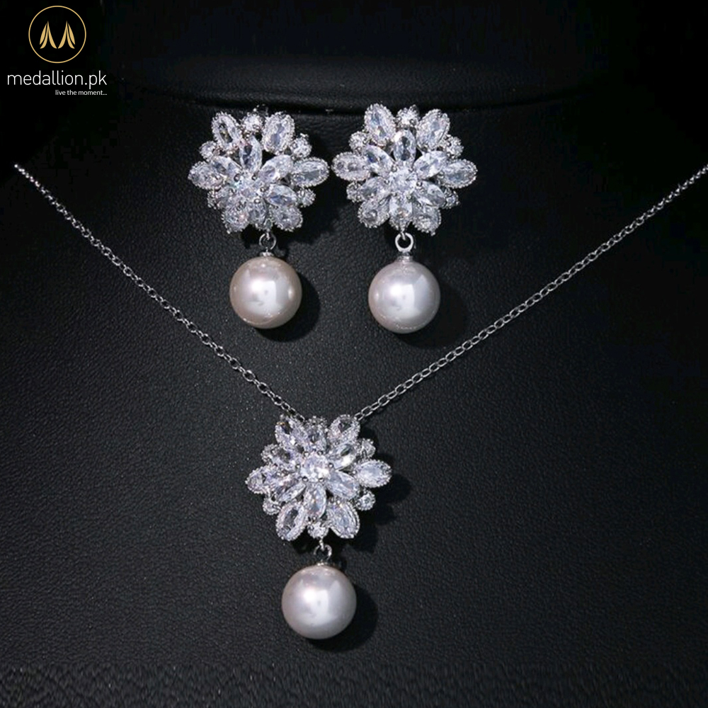 Luxury Platinum Plated Imitation Pearls AAA+ CZ Jewelry Set