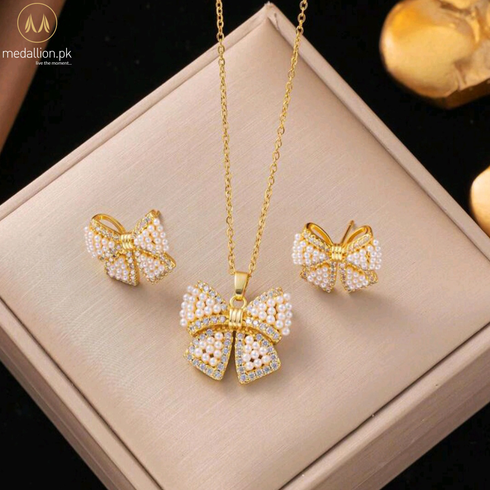 Stainless Steel Gold Plated Bow Shape Pearls Jewelry Set