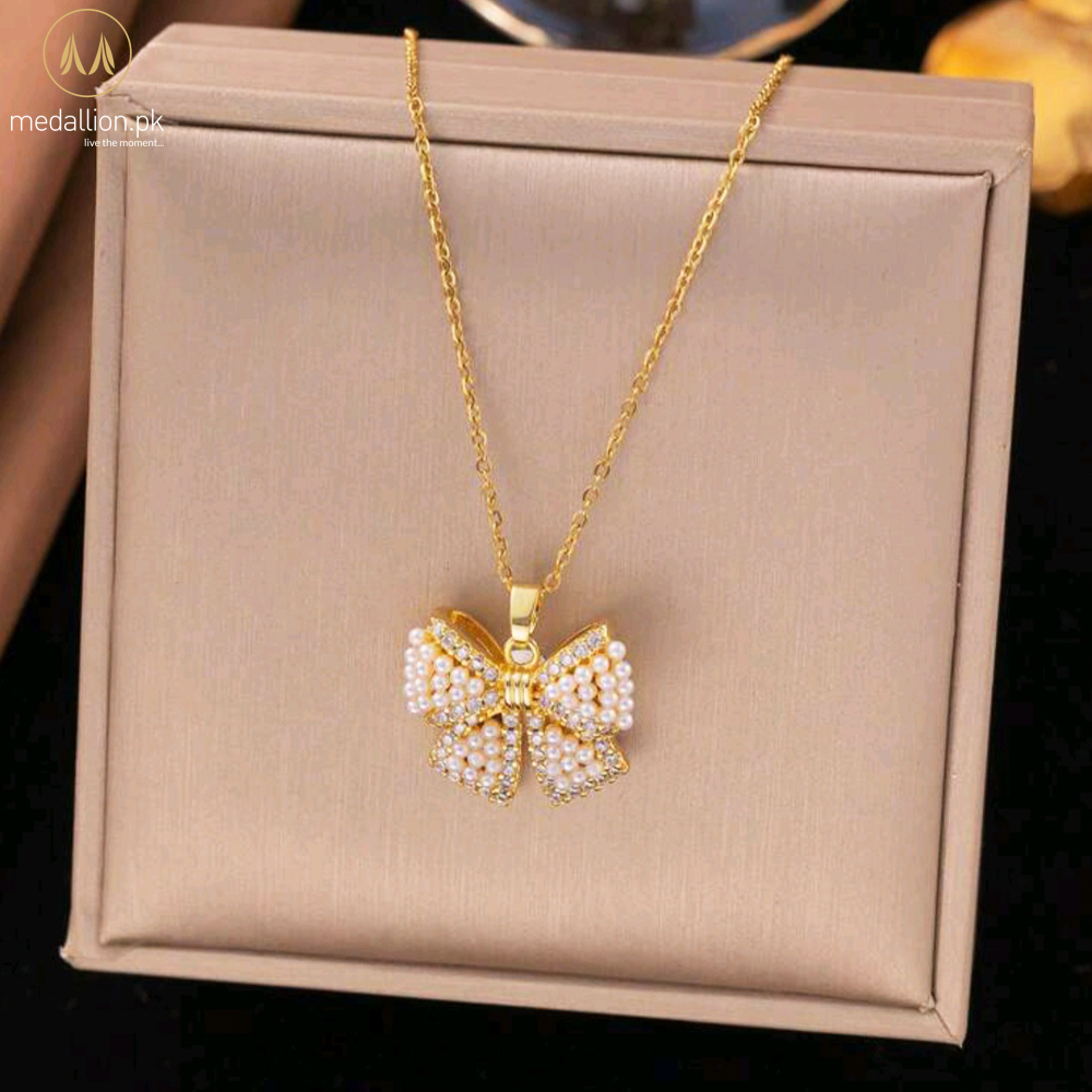 Stainless Steel Gold Plated Bow Shape Pearls Jewelry Set