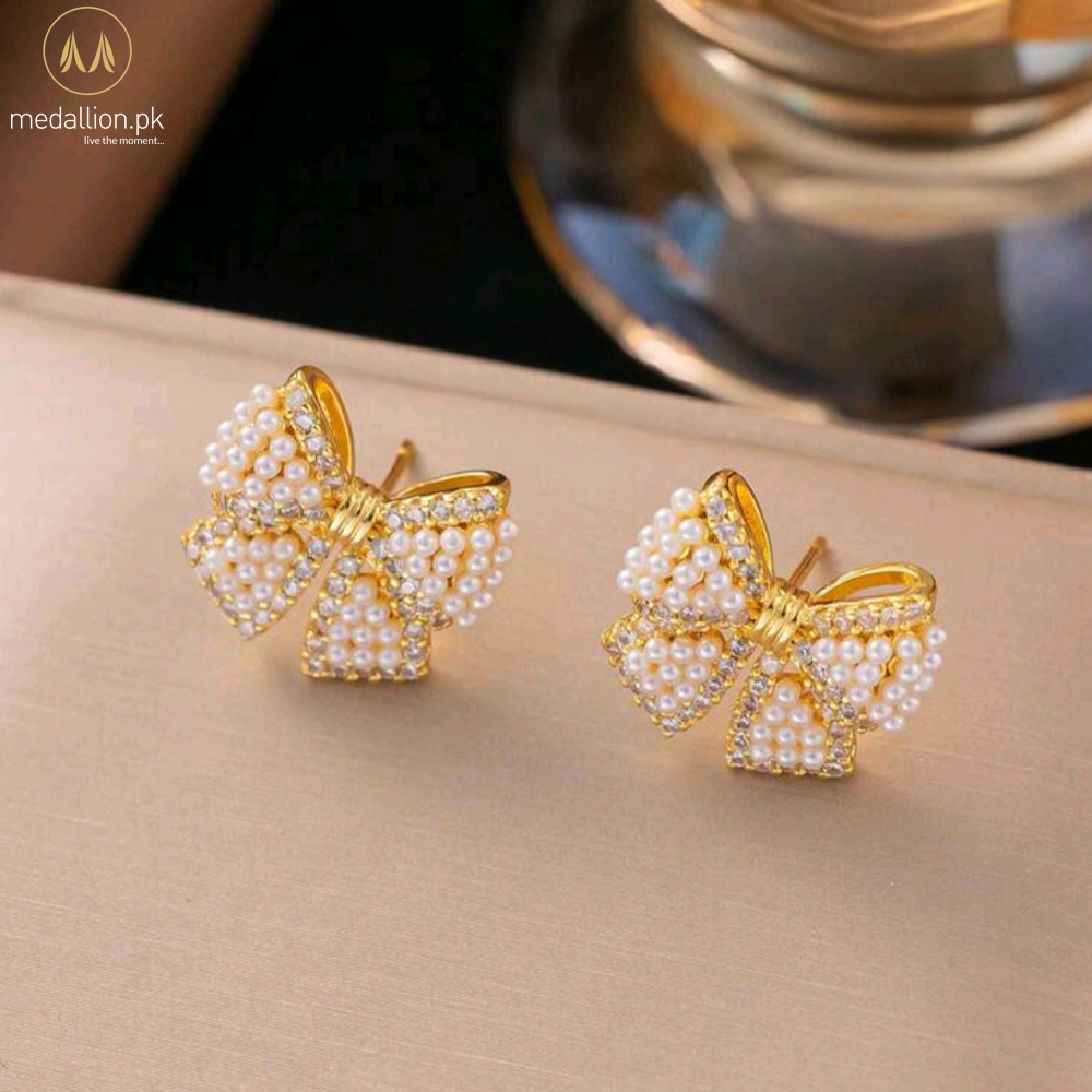 Stainless Steel Gold Plated Bow Shape Pearls Jewelry Set