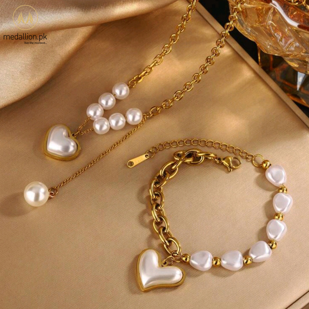 Stainless Steel Gold Plated Heart Shape Pearls Jewelry Set