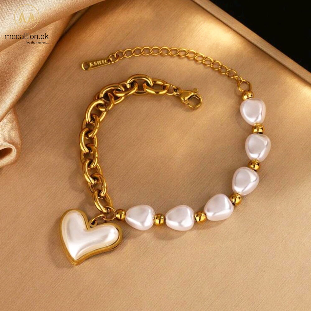 Stainless Steel Gold Plated Heart Shape Pearls Jewelry Set