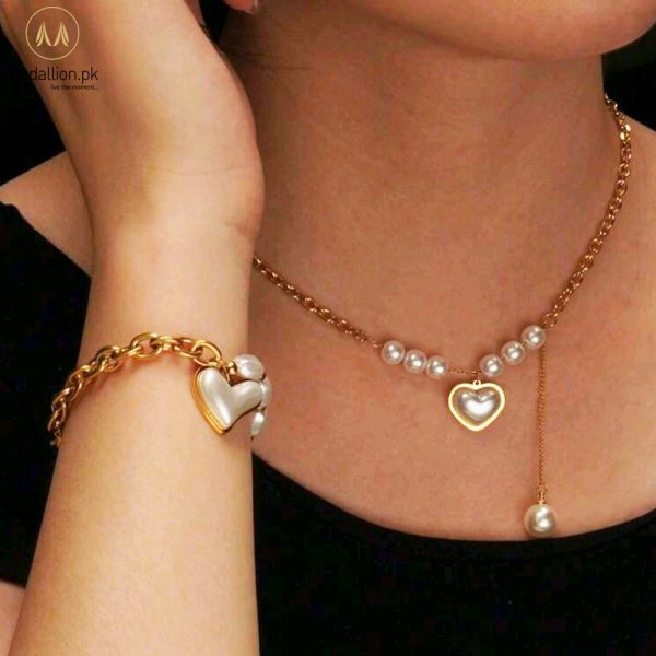 Stainless Steel Gold Plated Heart Shape Pearls Jewelry Set