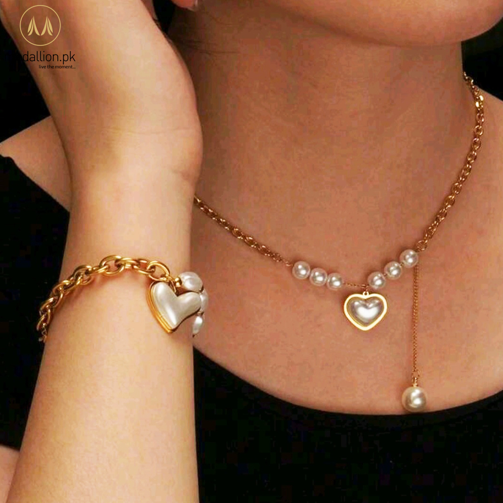 Stainless Steel Gold Plated Heart Shape Pearls Jewelry Set