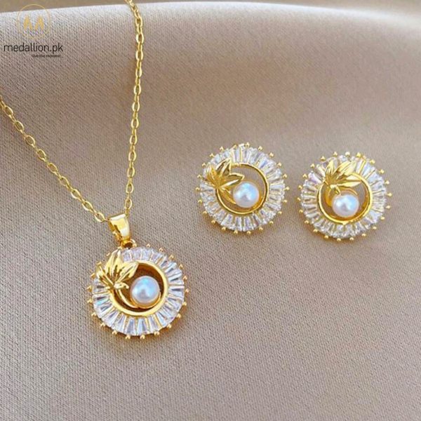 Stainless Steel Gold Plated Circle Leaf Pearls Jewelry Set