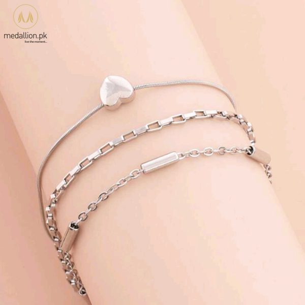 Stainless Steel Heart charm Snake Chain Set of Anklets