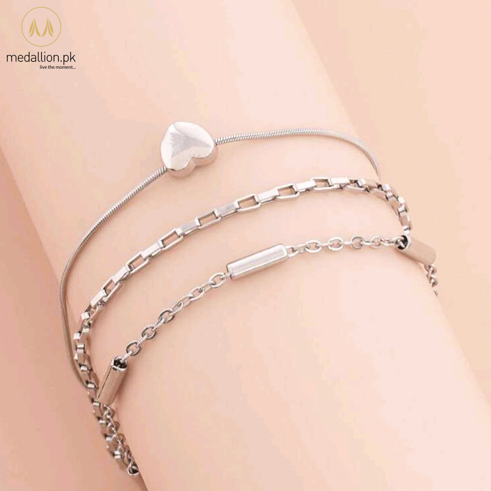 Stainless Steel Heart charm Snake Chain Set of Anklets