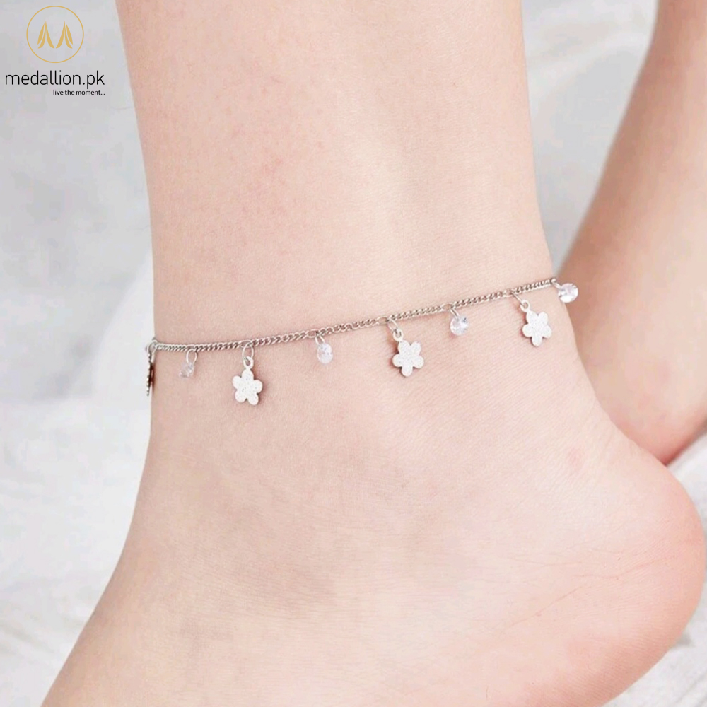 Stainless Steel Flowers & Zircons Silver Anklet