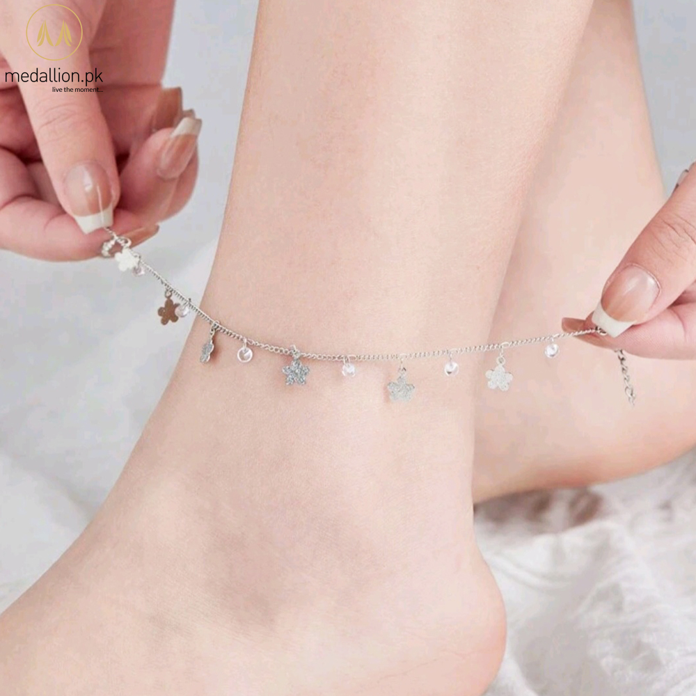 Stainless Steel Flowers & Zircons Silver Anklet