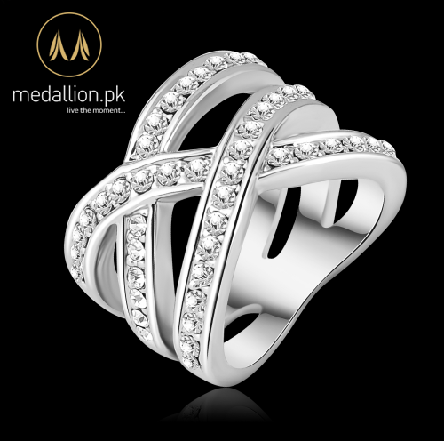 White Gold Plated Cross Line CZ Ring