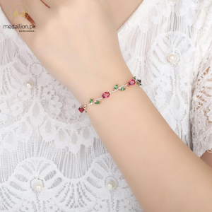 Rose Gold Plated Red & Green Flower CZ Bracelet