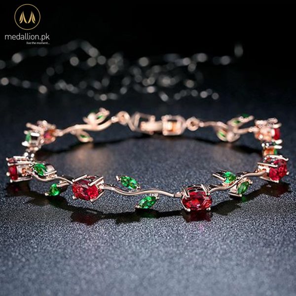 Rose Gold Plated Red & Green Flower CZ Bracelet