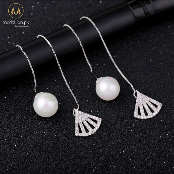 White Gold Plated Imitation Pearl Long Earrings
