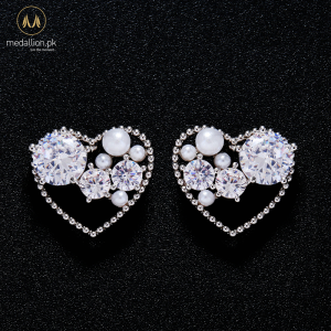 Korean Imitation Pearl Silver Plated CZ Heart Earrings