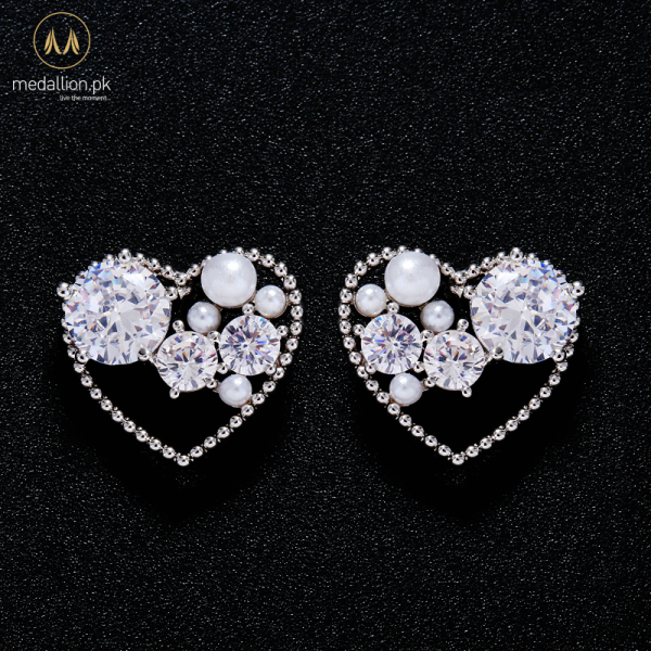 Korean Imitation Pearl Silver Plated CZ Heart Earrings
