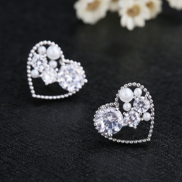 Korean Imitation Pearl Silver Plated CZ Heart Earrings