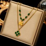 316L Stainless Steel Gold Plated Green Clover Necklace