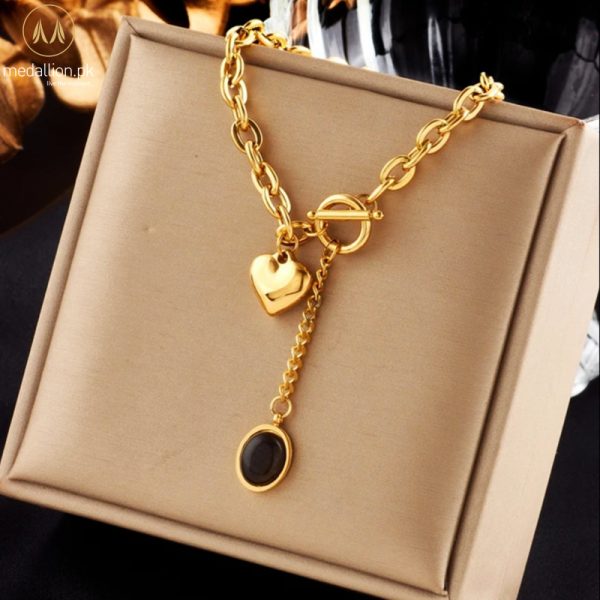 Stainless Steel Gold Plated Heart Black Stone Necklace
