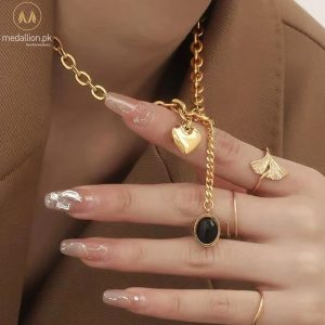 Stainless Steel Gold Plated Heart Black Stone Necklace