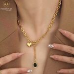 Stainless Steel Gold Plated Heart Black Stone Necklace