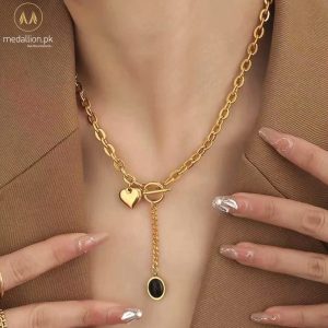 Stainless Steel Gold Plated Heart Black Stone Necklace