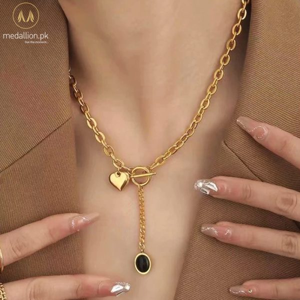 Stainless Steel Gold Plated Heart Black Stone Necklace