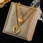 Stainless Steel Gold Plated Heart Double Chain Necklace