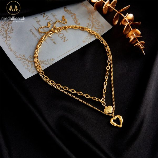 Stainless Steel Gold Plated Heart Double Chain Necklace