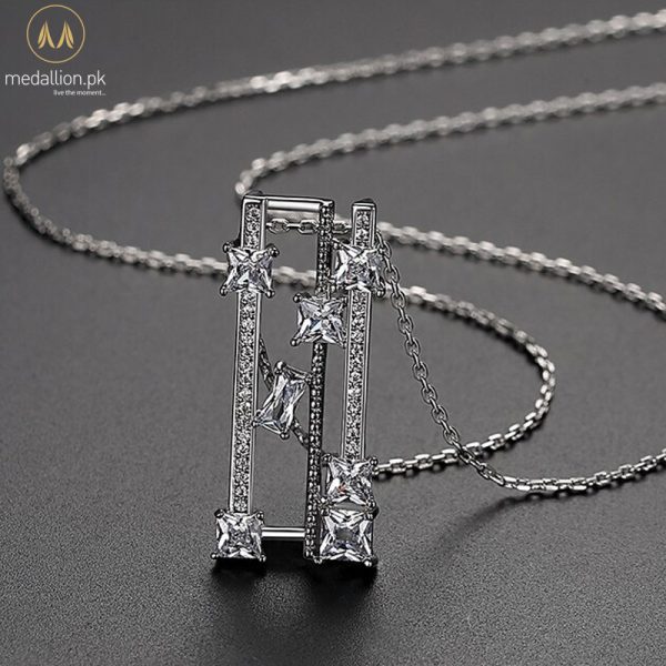 White Gold Plated Rectangular Cubic Zirconia Necklace