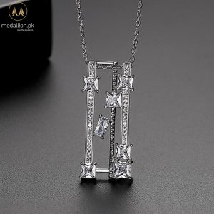 White Gold Plated Rectangular Cubic Zirconia Necklace