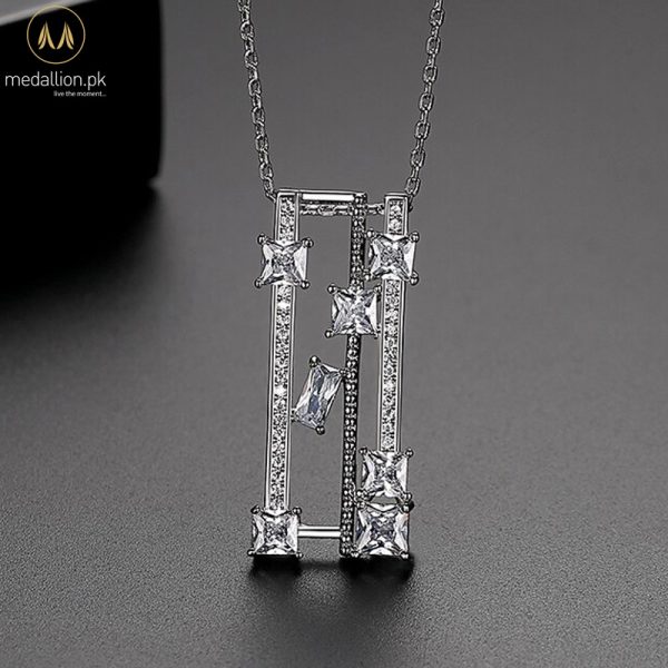 White Gold Plated Rectangular Cubic Zirconia Necklace