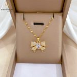 Stainless Steel Gold Plated Bow Big Zircon Necklace
