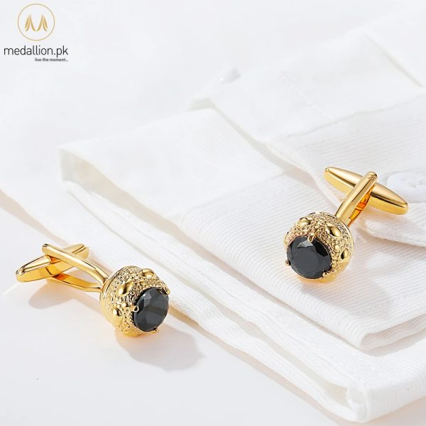 Luxury French Gold Plated Round Black Zirconia Cufflinks