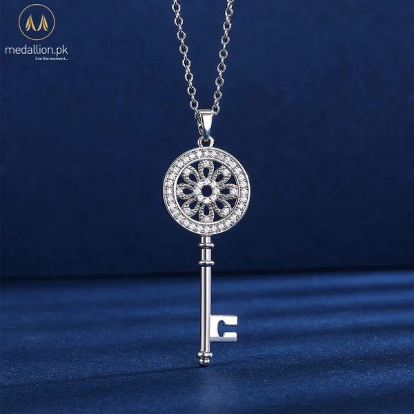 Silver Plated Key Shape Cubic Zirconia Necklace