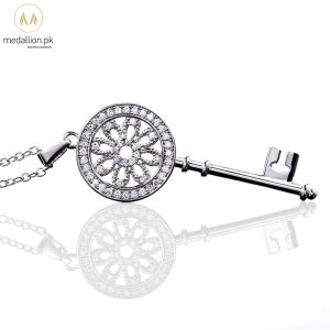 Silver Plated Key Shape Cubic Zirconia Necklace